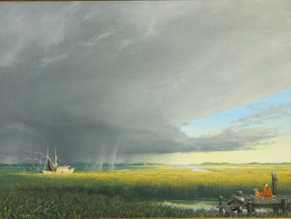 Painting by Roger Leonard of shrimp boat in a storm